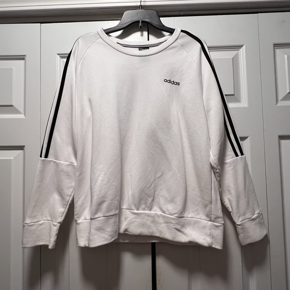 Adidas White 3 Black Stripes Sweatshirt Womens Large CO Crew FL489
